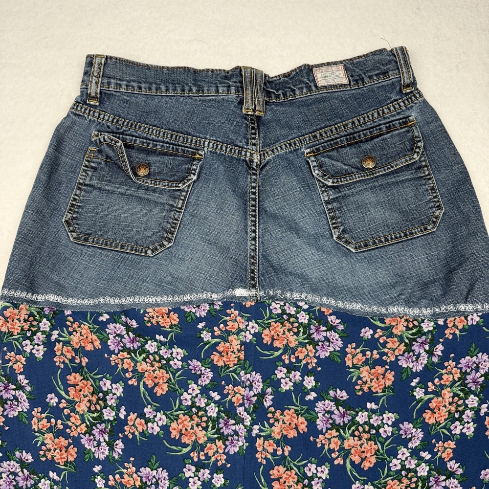 Levis Skirt Womens 6 Blue Stretch Denim Floral Lace Boho Long Homemade - Picture 7 of 8